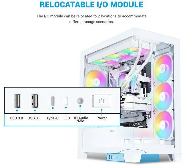 Alt view image 5 of 7 - SAMA V50 White Mid Tower PC Case, 4x120mm ARGB PWM Fan Pre-Install for Efficient Cooling, Compatible ATX/MATX/ITX Motherboards and Back-Connect Design Supports 360mm Water Cooling and 40 Series GPU