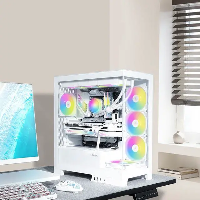 Alt view image 3 of 7 - SAMA V50 White Mid Tower PC Case, 4x120mm ARGB PWM Fan Pre-Install for Efficient Cooling, Compatible ATX/MATX/ITX Motherboards and Back-Connect Design Supports 360mm Water Cooling and 40 Series GPU
