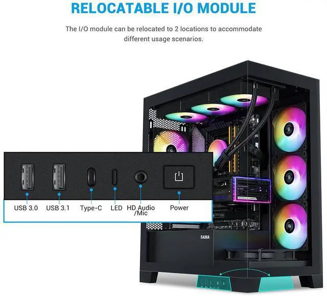 Alt view image 5 of 7 - SAMA V50 Black Mid Tower PC Case, 4x120mm ARGB PWM Fan Pre-Install for Efficient Cooling, Compatible ATX/MATX/ITX Motherboards and Back-Connect Design Supports 360mm Water Cooling and 40 Series GPU