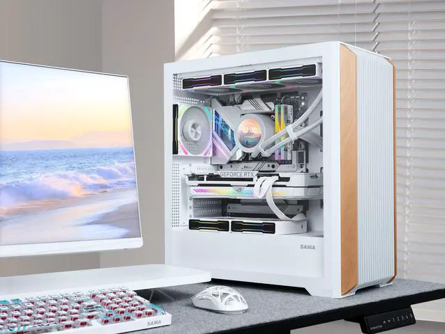 Alt view image 2 of 7 - SAMA Z60 White Genuine Walnut Wood PC Case, ATX Mid Tower, Pre-Installed 4x 140mm ARGB PWM Fans, Supports 360mm Radiator on Top, Type-C Port, Supports E-ATX/ATX/M-ATX/ITX, Gaming Case