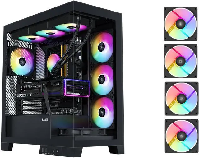 Main image of SAMA V50 Black Mid Tower PC Case, 4x120mm ARGB PWM Fan Pre-Install for Efficient Cooling, Compatible ATX/MATX/ITX Motherboards and Back-Connect Design Supports 360mm Water Cooling and 40 Series GPU