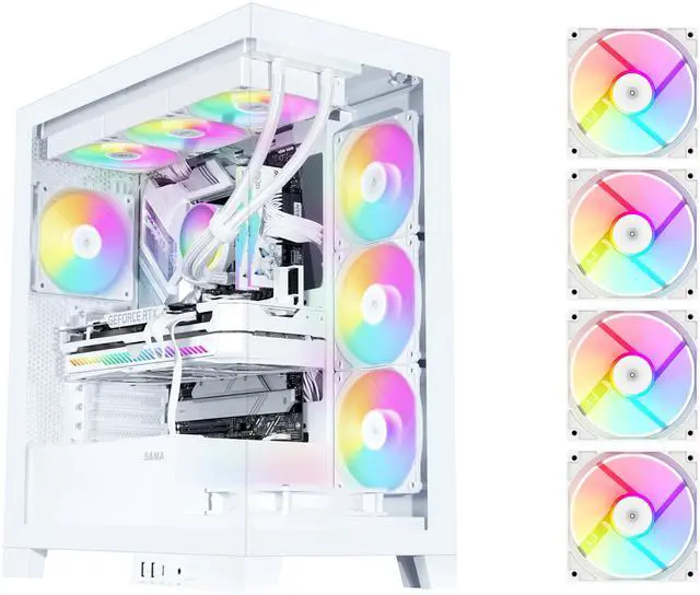 Main image of SAMA V50 White Mid Tower PC Case, 4x120mm ARGB PWM Fan Pre-Install for Efficient Cooling, Compatible ATX/MATX/ITX Motherboards and Back-Connect Design Supports 360mm Water Cooling and 40 Series GPU