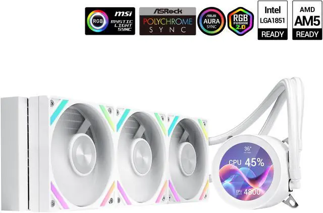 Main image of SAMA Q70 White CPU Liquid Cooler, 360MM Liquid Water AIO CPU Cooler with 2.8" LCD Display, Magnetic Detachable, XT120 Modular Fans LCP Blade, Bonus Stands, 115X, 2011, 1200, 1700, AM4, AM5 AIO Cooler