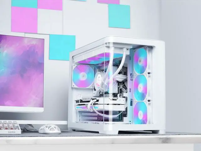 Alt view image 3 of 7 - SAMA V60 PC Case, Mid-Tower Computer Case, A Curved Tempered Glass, 7 Pre-Installed ARGB PWM Fans and Fan Hub, USB Type-C, ATX/MATX/ITX Back-Connect Support, 360mm Liquid Cooler Compatible, White