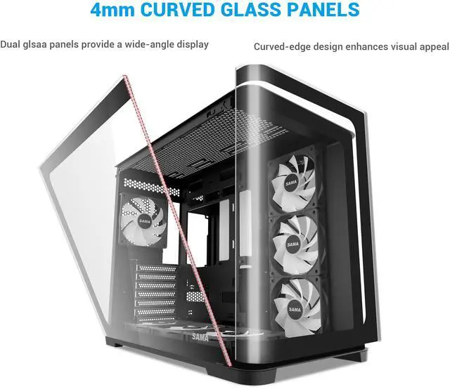 Alt view image 2 of 7 - SAMA V60 PC Case, Mid-Tower Computer Case, A Curved Tempered Glass, 7 Pre-Installed ARGB PWM Fans and Fan Hub, USB Type-C, ATX/MATX/ITX Back-Connect Support, 360mm Liquid Cooler Compatible, Black