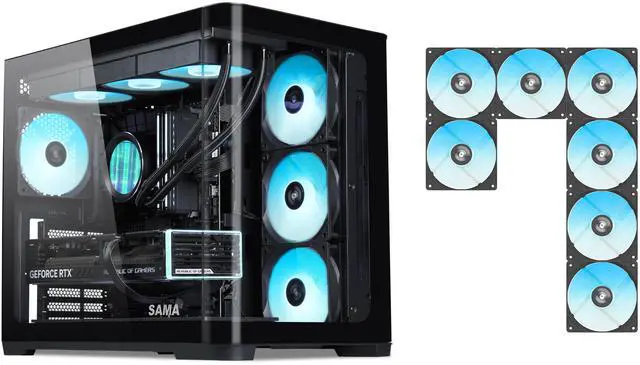 Main image of SAMA V60 PC Case, Mid-Tower Computer Case, A Curved Tempered Glass, 7 Pre-Installed ARGB PWM Fans and Fan Hub, USB Type-C, ATX/MATX/ITX Back-Connect Support, 360mm Liquid Cooler Compatible, Black