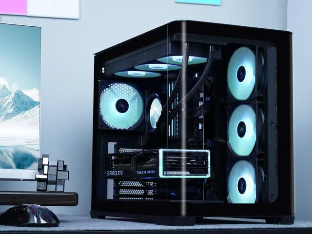 Alt view image 4 of 7 - SAMA V60 PC Case, Mid-Tower Computer Case, A Curved Tempered Glass, 7 Pre-Installed ARGB PWM Fans and Fan Hub, USB Type-C, ATX/MATX/ITX Back-Connect Support, 360mm Liquid Cooler Compatible, Black
