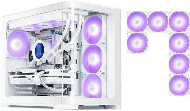 Main image of SAMA V60 PC Case, Mid-Tower Computer Case, A Curved Tempered Glass, 7 Pre-Installed ARGB PWM Fans and Fan Hub, USB Type-C, ATX/MATX/ITX Back-Connect Support, 360mm Liquid Cooler Compatible, White
