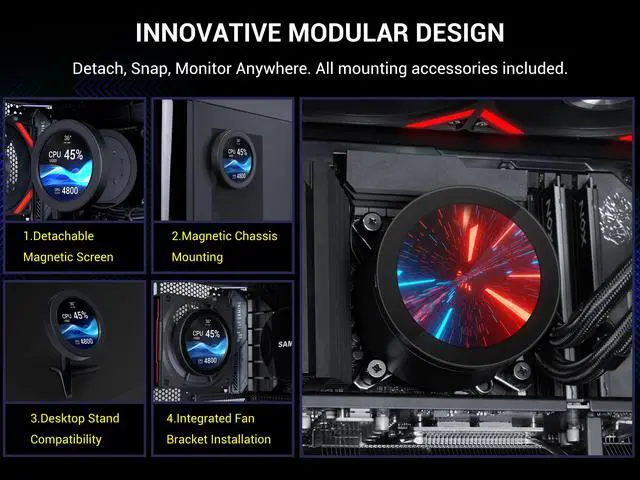 Alt view image 2 of 7 - SAMA Q70 Black CPU Liquid Cooler, 360MM Liquid Water AIO CPU Cooler with 2.8" LCD Display, Magnetic Detachable, XT120 Modular Fans LCP Blade, Bonus Stands, 115X, 2011, 1200, 1700, AM4, AM5 AIO Cooler