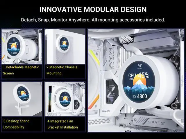 Alt view image 2 of 7 - SAMA Q70 White CPU Liquid Cooler, 360MM Liquid Water AIO CPU Cooler with 2.8" LCD Display, Magnetic Detachable, XT120 Modular Fans LCP Blade, Bonus Stands, 115X, 2011, 1200, 1700, AM4, AM5 AIO Cooler