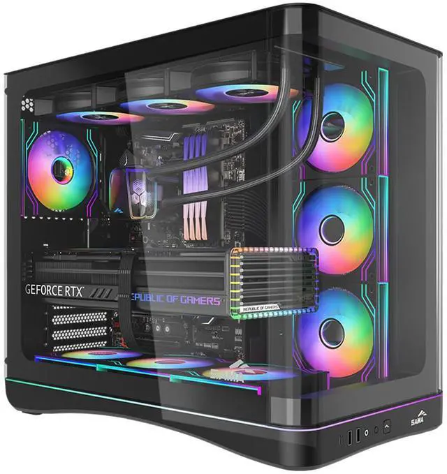Main image of SAMA V62 Mid-Tower PC Case, 7x120mm Pre-Installed ARGB PWM Fans, 4mm Tempered Glass, USB 3.1 Type-C & USB 3.0 Ports, 7 Slots, Support ATX/MATX/ITX, Back-Connect Ready, Black