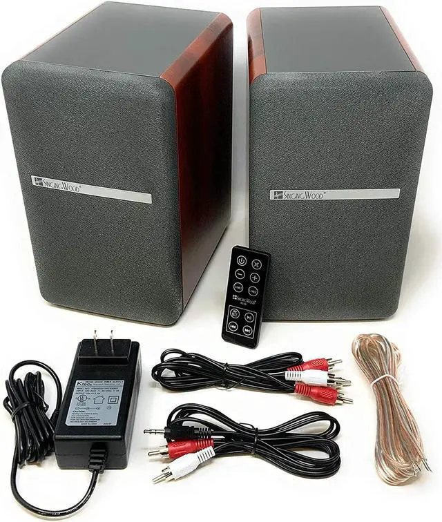 Alt view image 6 of 7 - Singing Wood BT27 Active Powered Bluetooth Bookshelf Speakers with Built-in Control & Remote - Studio Monitor with 2 Auxiliary Line Input - 54 Watts RMS - Wood Grain Finish (Black) Walnut