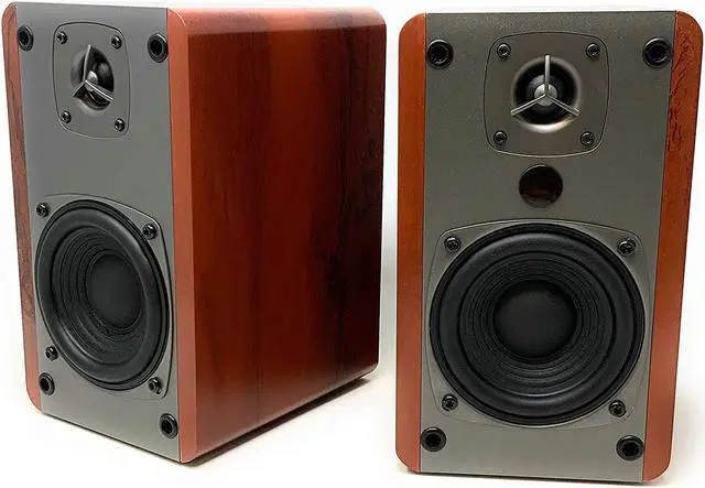 Alt view image 7 of 7 - Singing Wood BT27 Active Powered Bluetooth Bookshelf Speakers with Built-in Control & Remote - Studio Monitor with 2 Auxiliary Line Input - 54 Watts RMS - Wood Grain Finish (Black) Walnut