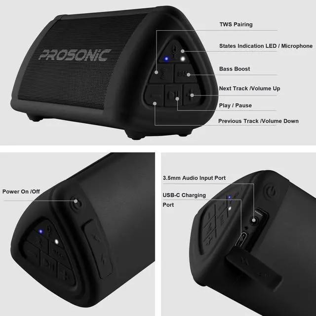 Alt view image 7 of 7 - Prosonic BT3 Portable Wireless Bluetooth Speaker with 10W Stereo Sound & Bass Boost -Rich Sound & Intense Bass -Bluetooth 5.0 -Microphone -IPX5 - in & Outdoor Speaker (Black)