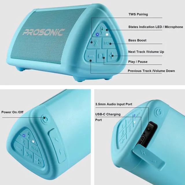 Alt view image 7 of 7 - Prosonic BT3 Portable Wireless Bluetooth Speaker with 10W Stereo Sound & Bass Boost -Rich Sound & Intense Bass -Bluetooth 5.0 -Microphone -IPX5 - in & Outdoor Speaker (Blue)