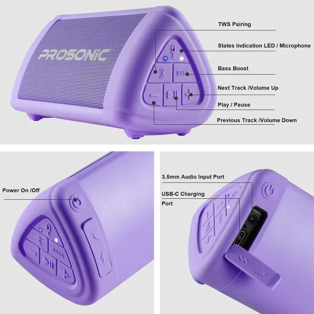 Alt view image 7 of 7 - Prosonic BT3 Portable Wireless Bluetooth Speaker with 10W Stereo Sound & Bass Boost -Rich Sound & Intense Bass -Bluetooth 5.0 -Microphone -IPX5 - in & Outdoor Speaker (Purple)
