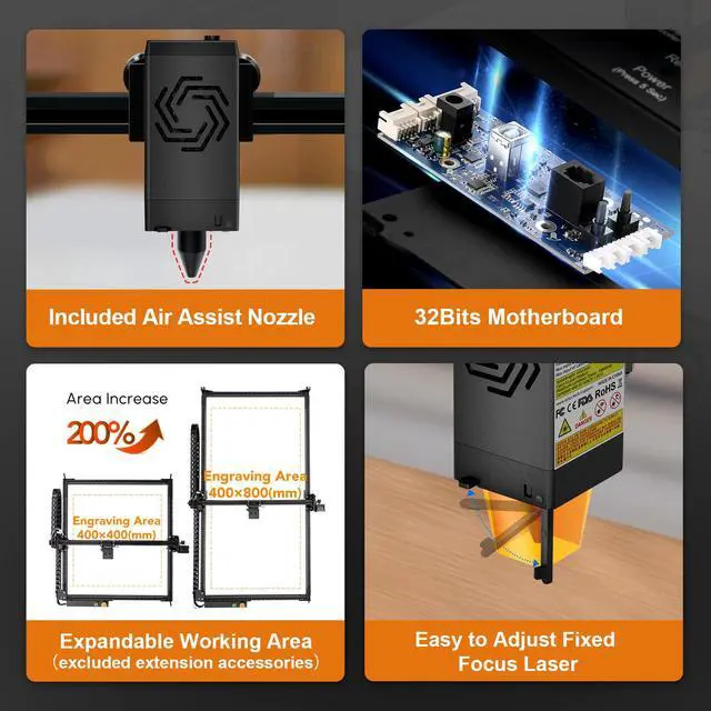 Alt view image 6 of 7 - ORTUR Laser Master 2 Pro-S2-LU2-10A Laser Engraver, 10W Output Power Laser Cutter and Engraver Machine with 0.05 * 0.1mm Compressed Spot for Wood and Metal(400x400mm, with Air Assist Nozzle)
