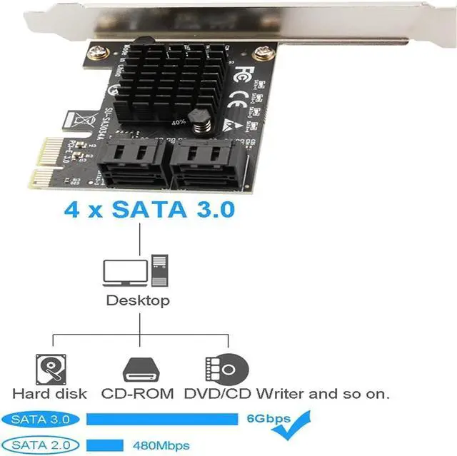 Alt view image 2 of 7 - SATA Card 4 Port with 4 SATA Cables, 6 Gbps SATA 3.0 Controller PCIE Expression Card with Low Profile Bracket Support 4 SATA 3.0 Devices