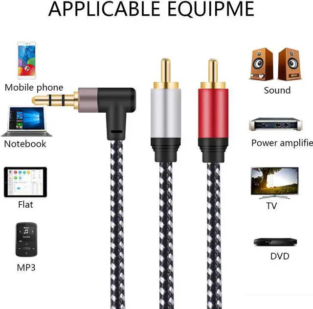 Alt view image 3 of 5 - 3.5mm to 2-Male RCA Adapter Stereo Splitter Cable 1/8" Right Angle TRS to RCA Straight Plug Audio Auxiliary Cord 6ft