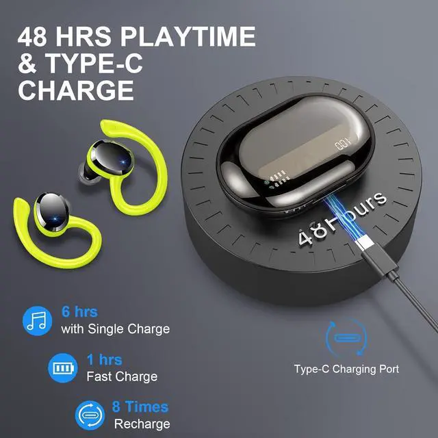 Alt view image 4 of 7 - Wireless Earbuds Sport Bluetooth Headphones 5.4, 2025 Bluetooth Earbuds 4 HD Mic, Over-Ear Buds with Earhooks ENC Noise Canceling Earphones, 48Hrs Stereo, IP7 Waterproof Headset for Workout/Running