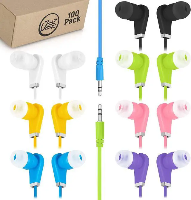 Alt view image 2 of 7 - JustJamz 130-Pack Bulk Wired Earbuds Bundle: 100 Bits Colorful Earphones + 30 Bubbles Multicolor Headphones | Disposable Wired Headphones for Schools, Classrooms, Libraries, and Kids