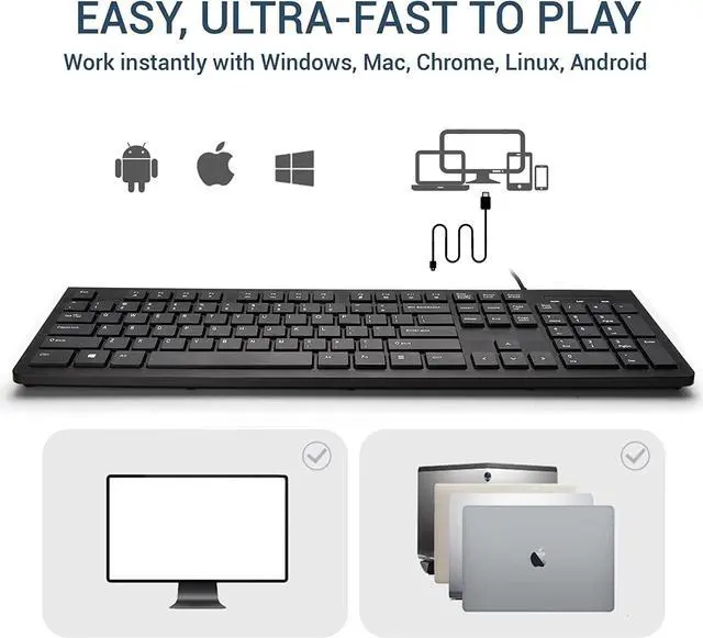 Alt view image 7 of 7 - Computer Keyboard Wired, Plug Play USB , Low Profile Chiclet Keys, Large Number Pad, Caps Indicators, Foldable Stands, Spill-Resistant, Anti-Wear Letters for Windows Mac PC Laptop, Full Size