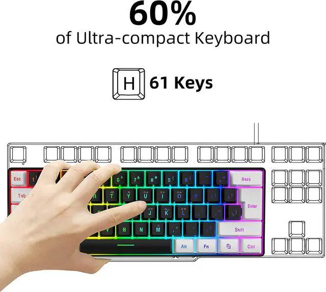 Alt view image 2 of 7 - Snpurdiri 60% Wired Gaming Keyboard, Small RGB Backlit Membrane Gaming Keyboard, Ultra-Compact Mini Waterproof Keyboard for PC Computer Gamer White and Black