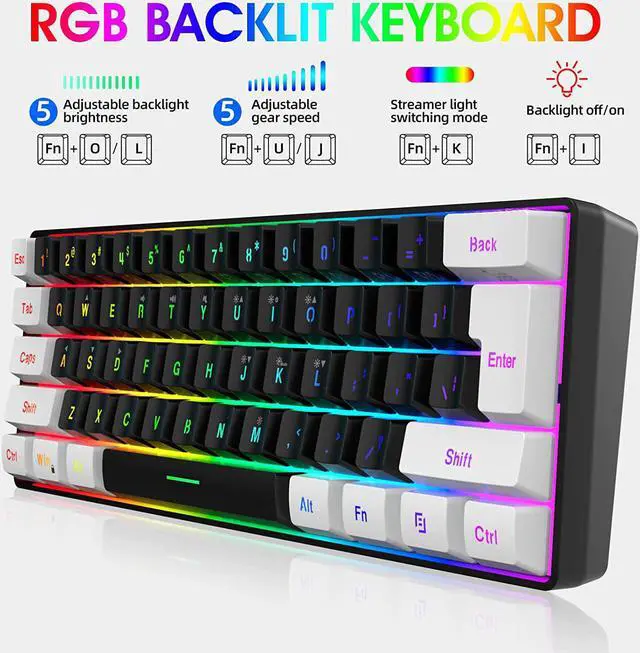 Alt view image 3 of 7 - Snpurdiri 60% Wired Gaming Keyboard, Small RGB Backlit Membrane Gaming Keyboard, Ultra-Compact Mini Waterproof Keyboard for PC Computer Gamer White and Black
