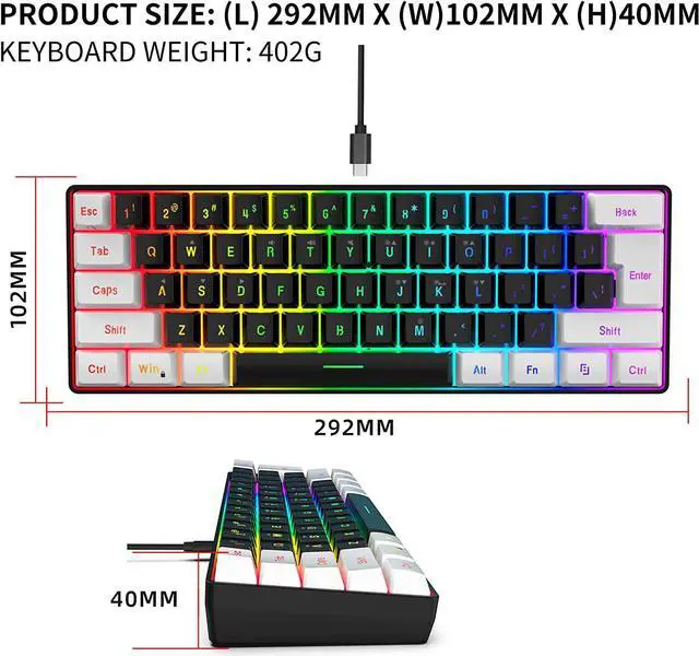 Alt view image 6 of 7 - Snpurdiri 60% Wired Gaming Keyboard, Small RGB Backlit Membrane Gaming Keyboard, Ultra-Compact Mini Waterproof Keyboard for PC Computer Gamer White and Black