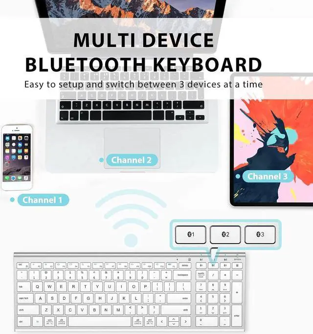 Alt view image 2 of 7 - iClever BK10 Bluetooth Keyboard, Universal Bluetooth 5.1 Wireless Keyboard with Number Pad, Ergonomic Design, Multi-Device Compatibility, Stable Connection for Mac, iPad, iPhone, Android, Windows