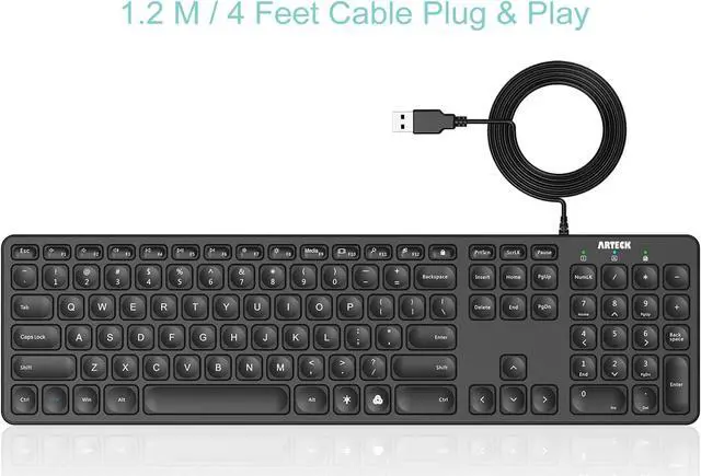 Alt view image 2 of 6 - Arteck USB Wired Keyboard Universal Backlit 7-Colors & Adjustable Brightness Full Size Keyboard with 4 Feet Wire, Numeric Keypad and Media Hotkey for Computer Desktop PC Laptop and Windows 11 10 8 7