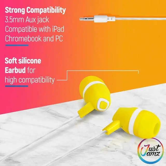 Alt view image 6 of 7 - JustJamz 130-Pack Bulk Wired Earbuds Bundle: 100 Bits Colorful Earphones + 30 Bubbles Multicolor Headphones | Disposable Wired Headphones for Schools, Classrooms, Libraries, and Kids