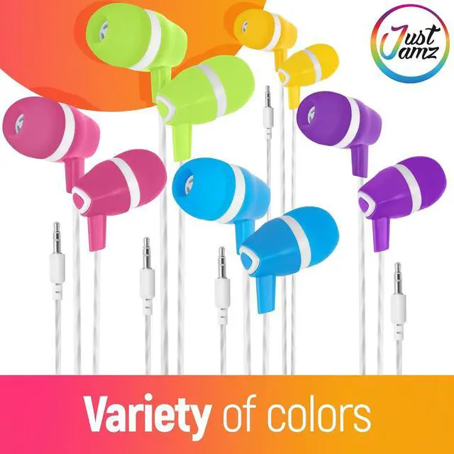 Alt view image 7 of 7 - JustJamz 130-Pack Bulk Wired Earbuds Bundle: 100 Bits Colorful Earphones + 30 Bubbles Multicolor Headphones | Disposable Wired Headphones for Schools, Classrooms, Libraries, and Kids