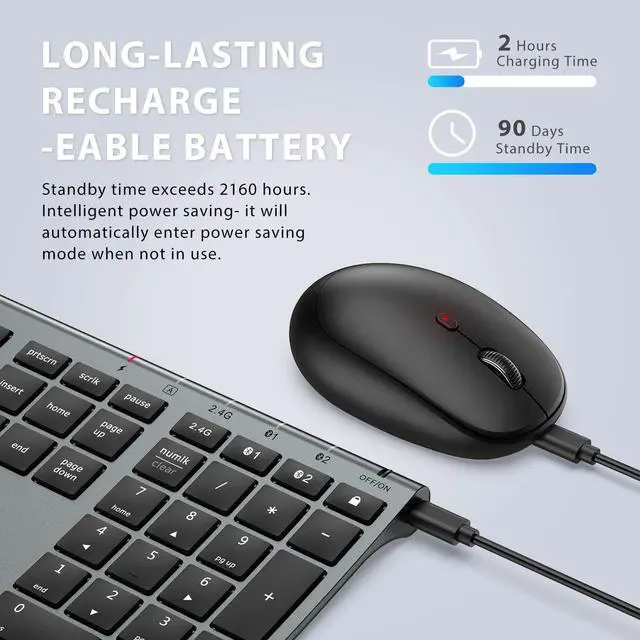 Alt view image 6 of 7 - iClever DK03 Bluetooth Keyboard and Mouse, Rechargeable Dual-Mode (Bluetooth 4.2 + 2.4G) Wireless Keyboard and Mouse Combo, Ultra-Slim Multi-Device Keyboard for Mac, iPad, Apple, Android, Windows