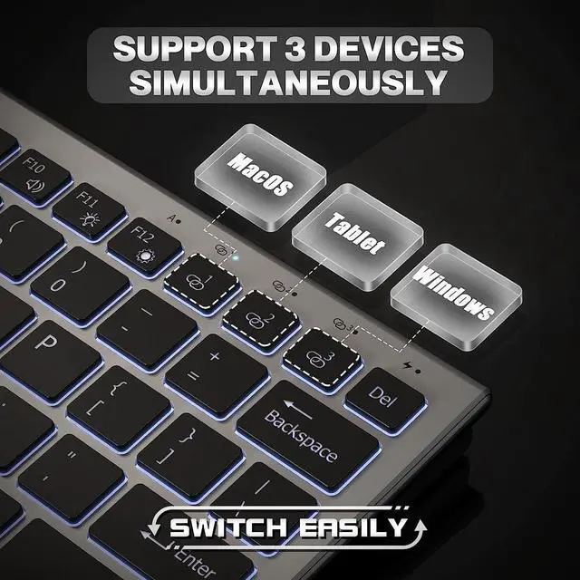 Alt view image 6 of 7 - Wireless Keyboard Mouse Combo, Ultra Slim Backlit Wireless Keyboard and Mouse Set Multi-Device 2.4G USB Rechargeable Bluetooth Keyboard and Mouse for PC, Laptop, Windows, Desktop (Grey Black)