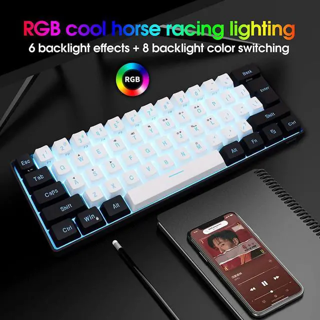Alt view image 4 of 7 - Snpurdiri 60% Wired Gaming Keyboard, RGB Backlit Ultra-Compact Mini Keyboard, Waterproof Small Compact 61 Keys Keyboard for PC/Mac Gamer, Typist, Travel, Easy to Carry on Business Trip(Black-white)
