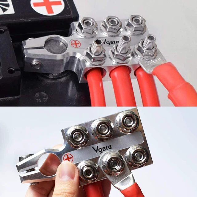 Alt view image 2 of 6 - Lead Acid Battery Terminal Clamps, 12-Way Connectors, 8AWG to 4/0(XL) AWG Gauge, Positive & Negative (+/-) Pair for SAE/DIN/EN Tapered Top Post