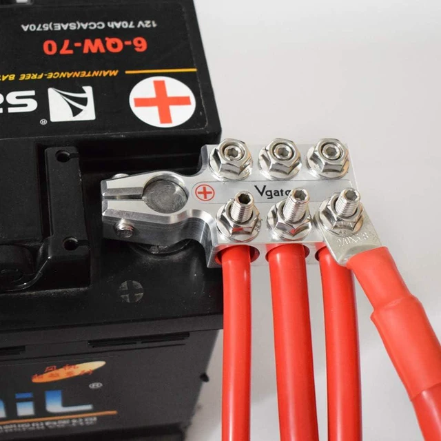 Alt view image 6 of 6 - Lead Acid Battery Terminal Clamps, 12-Way Connectors, 8AWG to 4/0(XL) AWG Gauge, Positive & Negative (+/-) Pair for SAE/DIN/EN Tapered Top Post