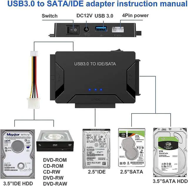 Alt view image 4 of 7 - USB 3.0 to SATA and IDE Adapter External Hard Drive Reader Ultra Recovery Converter for 2.5 3.5 HDD/SSD DVD Optical Drive