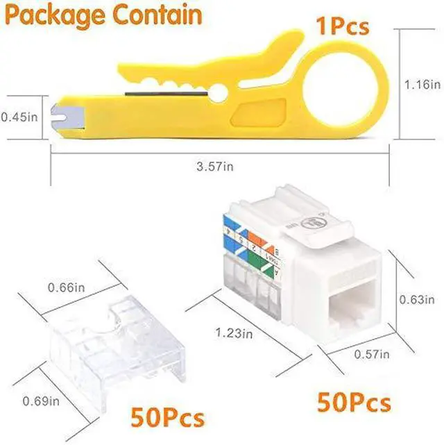 Alt view image 3 of 7 - KEHIPI Cat6 RJ45 Keystone Jacks UL Listed 50-Pack, Punch Down Ethernet Wall Jack 90-Degree Adapter in White with 1-Pack Wire Stripper Cutter
