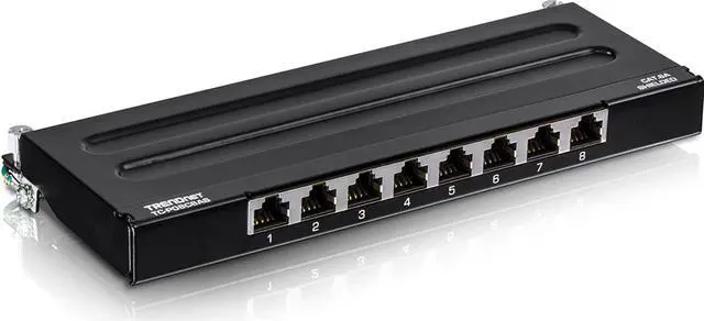 Main image of TRENDnet 8-Port Cat6A Shielded Patch Panel, Wall Mount Ready, 10G Ready, Cat5e,Cat6,Cat6A Compatible, Metal Housing, Color-Coded Labeling for T568A & T568B Wiring, Cable Management, Black, TC-P08C6AS