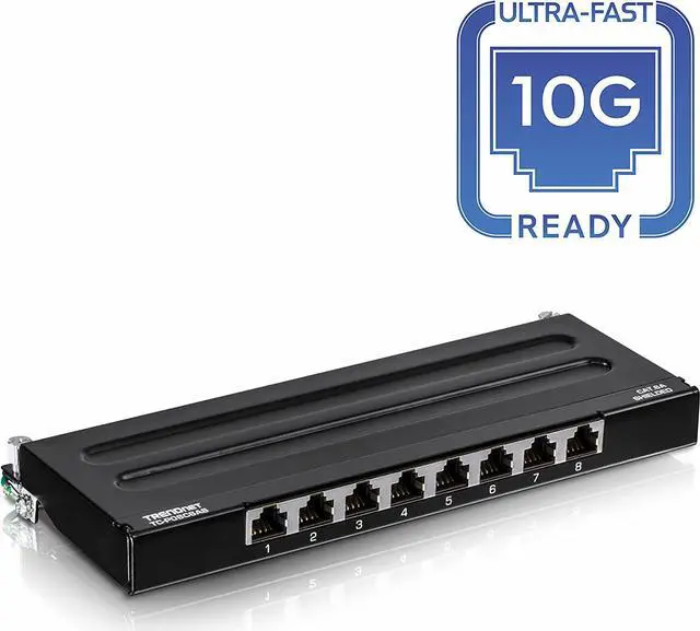 Alt view image 3 of 7 - TRENDnet 8-Port Cat6A Shielded Patch Panel, Wall Mount Ready, 10G Ready, Cat5e,Cat6,Cat6A Compatible, Metal Housing, Color-Coded Labeling for T568A & T568B Wiring, Cable Management, Black, TC-P08C6AS