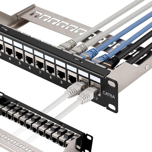 Patch Panel 24 Port Cat7 with Inline Keystone 10G Support, Coupler Patch  Panel STP Shielded 19-Inch with Removable Back Bar, 1U Network Patch Panel