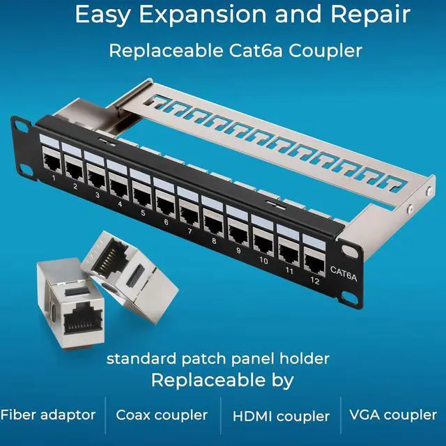 Alt view image 6 of 7 - Rapink Patch Panel Mini 12 Port Cat6A with Inline Keystone 10G Support, Coupler Patch Panel STP Shielded 10-Inch with Removable Back Bar, 1U Network Patch Panel for Cat7, Cat6, Cat6A, Cat5e