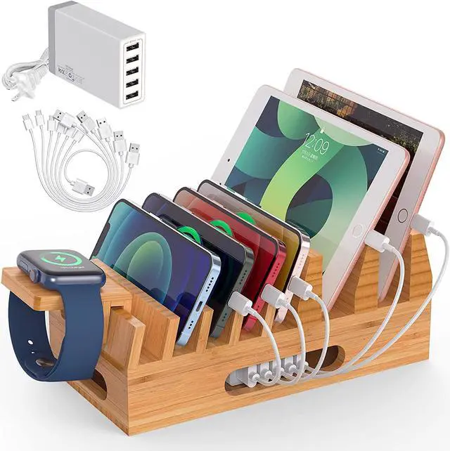 Main image of Pezin & Hulin Bamboo Charging Station Holder with 5 Port USB Charger, Watch Stand, 6 x Charge Cable, Wood Docking Stand Electronic Organizer for Multiple Devices, Phones, Tablets, Laptop and More
