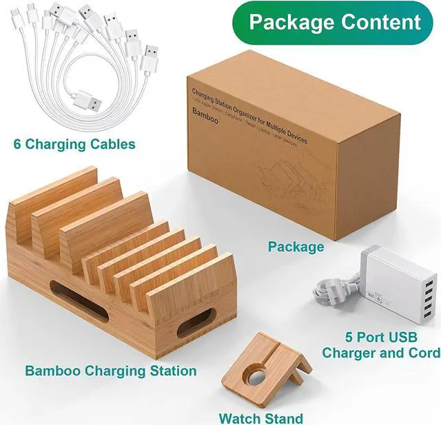 Alt view image 3 of 7 - Pezin & Hulin Bamboo Charging Station Holder with 5 Port USB Charger, Watch Stand, 6 x Charge Cable, Wood Docking Stand Electronic Organizer for Multiple Devices, Phones, Tablets, Laptop and More