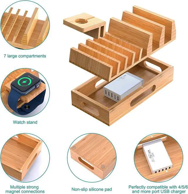 Alt view image 2 of 7 - Pezin & Hulin Bamboo Charging Station Holder with 5 Port USB Charger, Watch Stand, 6 x Charge Cable, Wood Docking Stand Electronic Organizer for Multiple Devices, Phones, Tablets, Laptop and More