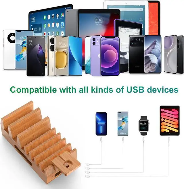Alt view image 6 of 7 - Pezin & Hulin Bamboo Charging Station Holder with 5 Port USB Charger, Watch Stand, 6 x Charge Cable, Wood Docking Stand Electronic Organizer for Multiple Devices, Phones, Tablets, Laptop and More