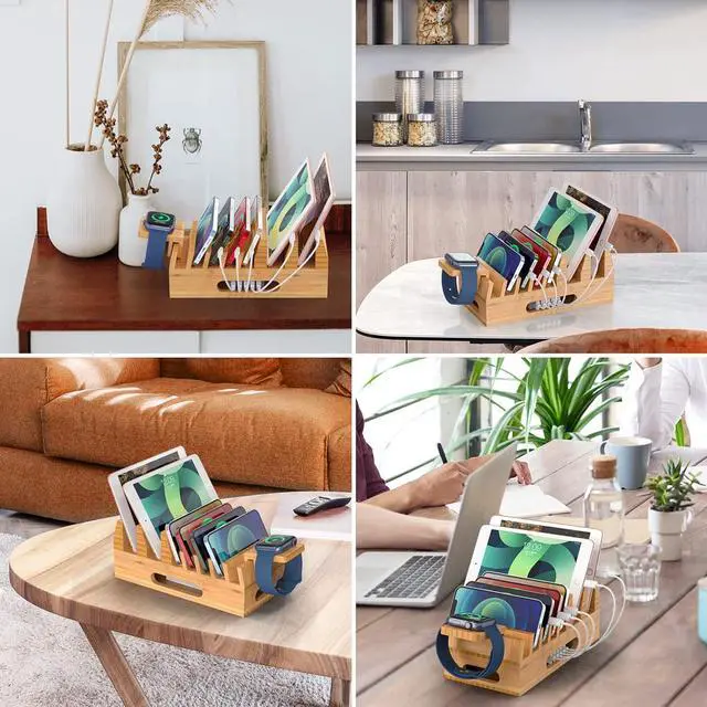Alt view image 5 of 7 - Pezin & Hulin Bamboo Charging Station Holder with 5 Port USB Charger, Watch Stand, 6 x Charge Cable, Wood Docking Stand Electronic Organizer for Multiple Devices, Phones, Tablets, Laptop and More