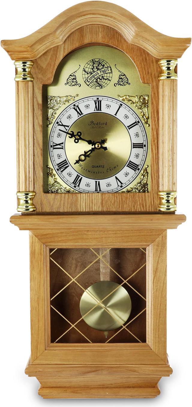 Main image of Bedford Clock Collection Classic Golden Oak Chiming Wall Clock With Swinging Pendulum